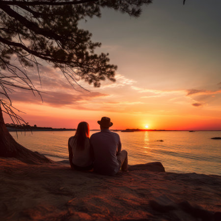 romantic man and woman sit on beach at sunset.の素材