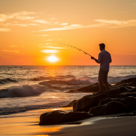 man fishing from beach at sunset.の素材