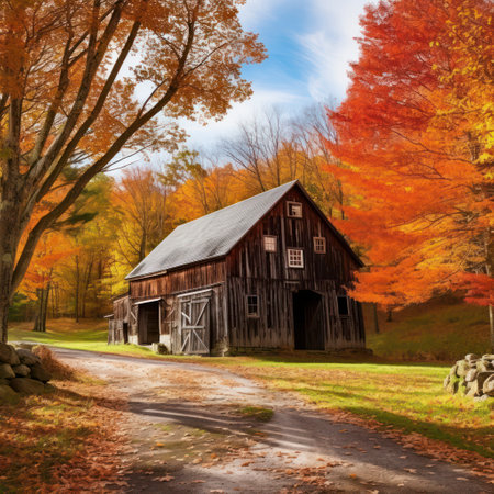 new england weathered barn in fall colors.の素材