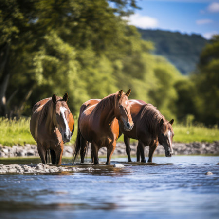 horses drinking water from a river.の素材