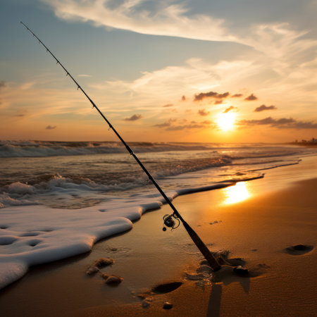 fishing pole facing the ocean \.の素材