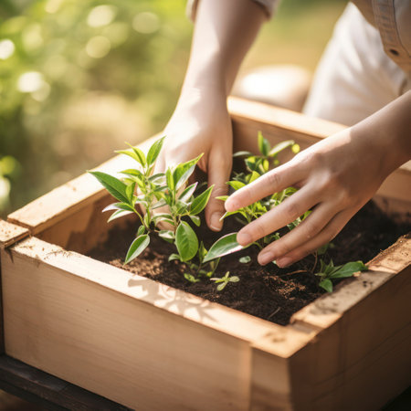 close-up of hands planting tea shoots in box.の素材