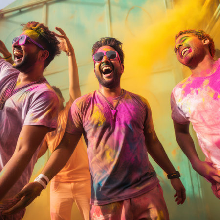 indian holi festival men splashed with paint.の素材