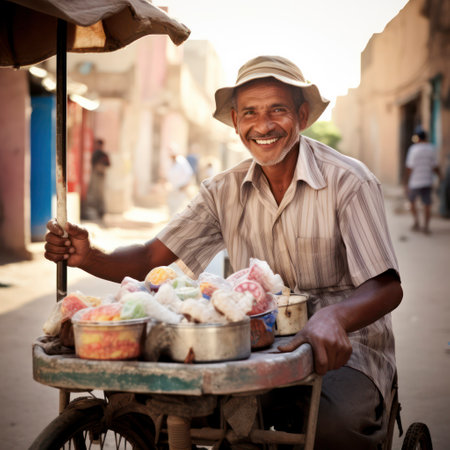 ice cream street vendor smiling at camera.の素材