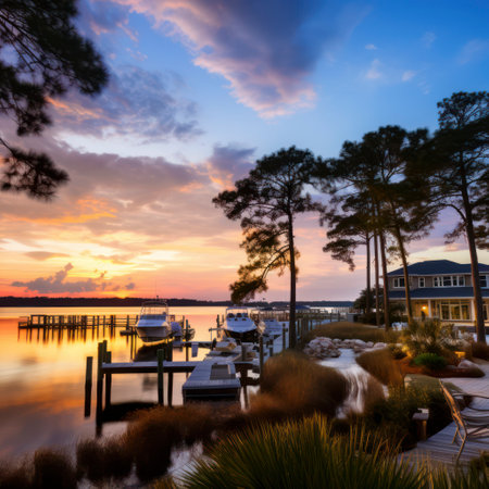 cypress harbor at sunset.の素材