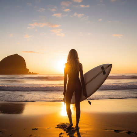 young woman stands beside surfbo at sunrise.の素材