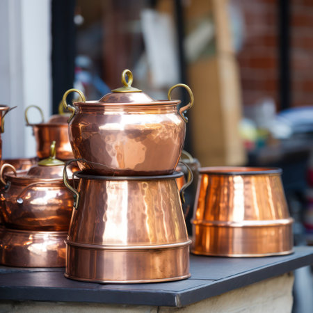 iran stack of copper kettles outside store.の素材