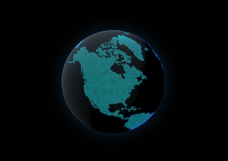 World globe showing north america, made with dot lights in a dark backgroundの写真素材