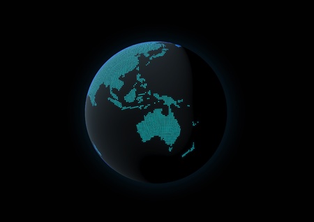 World globe showing oceania, made with dot lights in a dark backgroundの写真素材