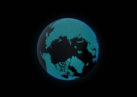 World globe showing north pole, made with dot lights in a dark backgroundの写真素材