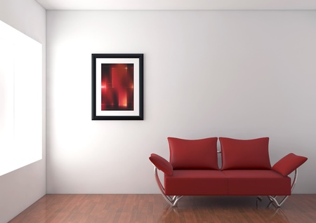 Red modern sofa in white room.の写真素材