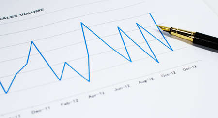  sales volume charts on the table with  pen