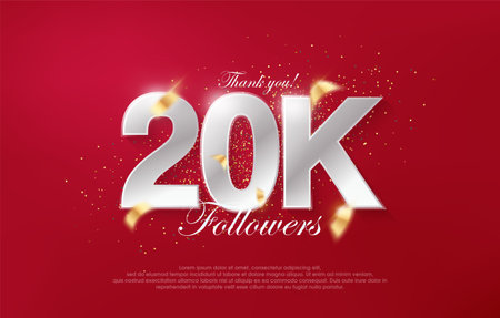 20k followers with luxurious silver numbers on a red background.のイラスト素材
