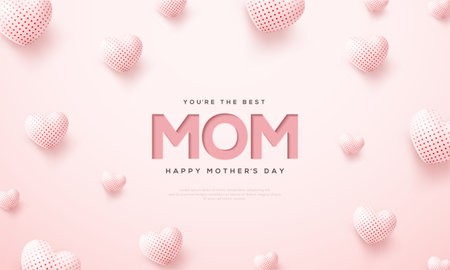 Happy mother's day vector design with inscription mom and balloons love white on pink background. Premium design for greeting, poster, banner and social media post.のイラスト素材