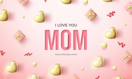 Happy mother's day design with gift box design and luxury golden love balloons. Premium design for greeting, poster, banner and social media post.のイラスト素材