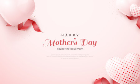 Happy mother's day vector design with balloons love 3d illustration and realistic red ribbon vector. Premium design for greeting, poster, banner and social media post.のイラスト素材