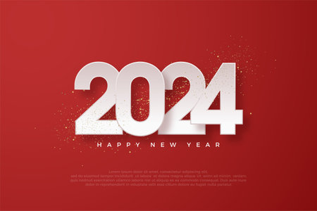 New year design 2024. With white paper numbers on red background. Premium vector design for greeting and celebration of happy new year 2024.のイラスト素材