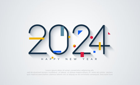 Colorful number happy new year 2024 with thin numbers on white background. Premium vector design for banner, poster, social post and happy new year greeting.のイラスト素材