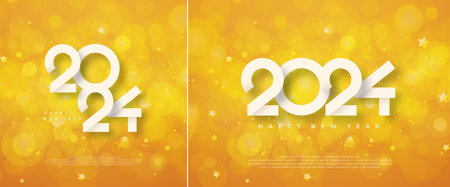 Happy new year 2024. With unique white numbers on a bokeh blur background. Premium vector design for greeting and celebration of happy new year 2024.のイラスト素材