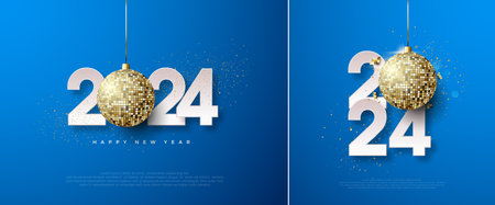 Happy New Year Vector Design. With the illustration of disco lights replacing zero. Premium vector design for greetings and celebration of Happy New Year 2024.のイラスト素材