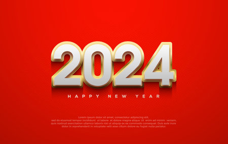 Happy New Year 2024 Design. With a number of arising numbers. White wrapped in shiny gold. Premium vector design for greetings and celebration of Happy New Year 2024.のイラスト素材