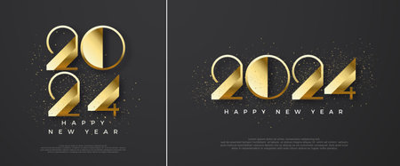 Happy New Year 2024 Design. With shiny luxury gold numbers, black background. Vector Premium for greetings, celebrations and welcoming the new year 2024.のイラスト素材