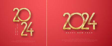 New Year 2024 Design. With luxurious and beautiful gold and gold glitter numbers. Premium Vector Design for Happy New Year 2024 greetings and celebrations.のイラスト素材