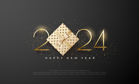Happy new year 2024 with golden numerals and vector realistic gift boxes. Premium vector design for banner, poster, social post and happy new year greeting.のイラスト素材
