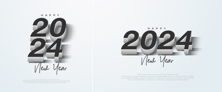 Happy new year 2024 with glass 3d numeral illustration. The numbers are black on a white background....