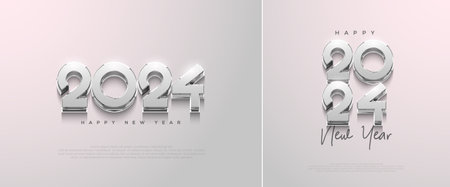 New Year Vector Design 2024. With a shiny metallic silver number. And with a bright background, the vector design for posters, banners, calendar and greetings.のイラスト素材