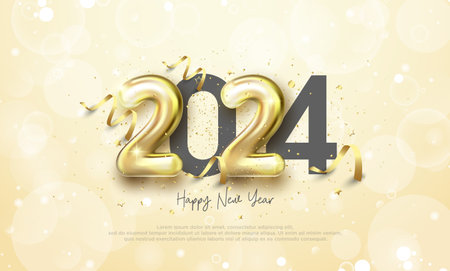 Unique happy new year 2024 design. With gold numbers, unique and modern balloons. Premium vector...