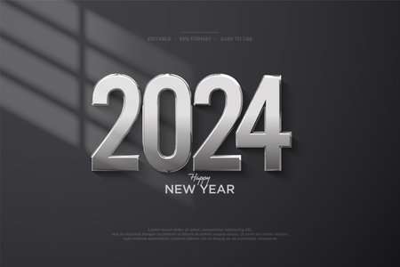 Modern design of happy new year 2024 celebration with numbers stuck on the wall. Premium design with a shiny silver color exposed to light.のイラスト素材