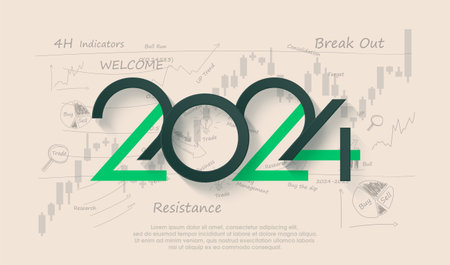 Happy new year 2024 with stock market concept. Simple design with semi modern retro design. Vector background 2024.のイラスト素材