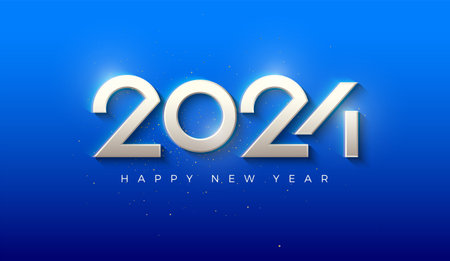 Modern and 3D Design Happy New Year 2024 with Metallic White Numbers in Blue Background. Premium design for greetings, banners, posters, calendar or social media post.のイラスト素材