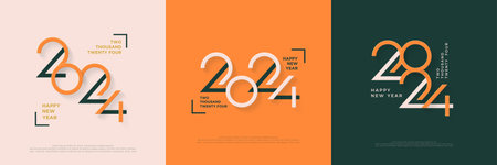 Happy New Year 2024 Celebration with Semi Retro Modern Vector Design. Design with soft and clean coloring. Premium design for greetings, posters, banners, social media posts.のイラスト素材