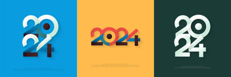 Modern Semi Retro Design for Happy New Year 2024 celebration, Vector Elegant with Colorful Theme. Premium design for greetings, posters, banners, social media posts.のイラスト素材