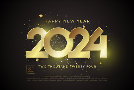 Golden number 2024 with a luxurious and shiny color. Vector greeting and celebration of happy new year. Premium vector design for 2024 new year banner, poster, template.のイラスト素材