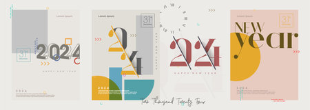 New year 2024 set with a unique classic retro look. Premium vector design for 2024 new year banner, poster, template.のイラスト素材