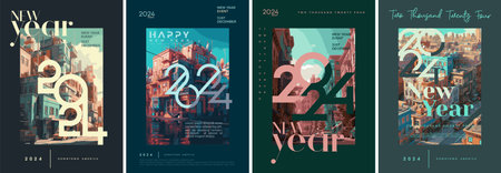 Happy new year 2024 with colorful downtown america illustration as a background. Vector magazine cover with unique numbers. Premium design vector happy new year 2024.のイラスト素材