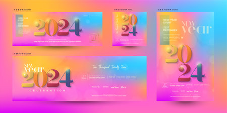 Colorful happy new year 2024 design. With 3d colorful numbers illustration. Premium design for social media post.のイラスト素材