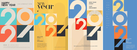 Happy new year 2024 design with colorful theme. Premium vector background, for posters, calendars, greetings and New Year 2024 celebrations.のイラスト素材