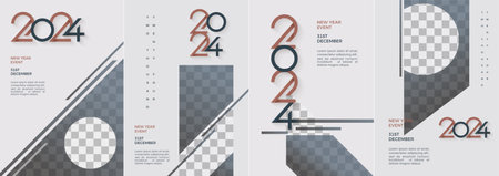 Modern design of happy new year 2024 poster, Poster, Cover, Invitation. Premium number vector design for happy new year 2024 celebration.のイラスト素材