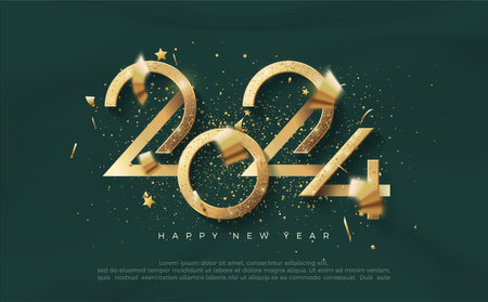 New year vector number design. With the number 2024 shiny gold glitter. Premium vector design for poster, banner, greeting and celebration of happy new year 2024.のイラスト素材