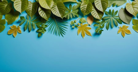 Autumn background with various leaves on bright blue background. Premium design for poster, banner...