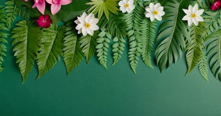 Background of leaves and flowers on a cool green background. Premium design for poster, banner or wallpaper.の写真素材