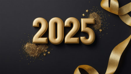 Happy new year 2025 illustration, With 3d numbers in soft gold color. Decorated with glitter and...