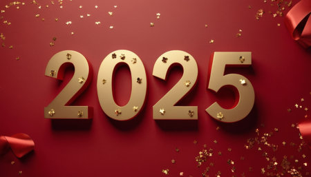 Happy new year 2025 illustration, With gold numbers and red background decorated with luxury gold...