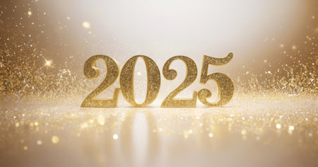 Happy new year 2025 design with luxurious and majestic gold light. Premium design for new year celebration.の写真素材