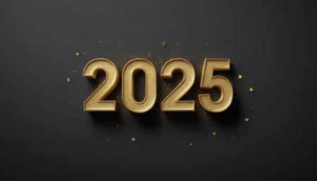 Illustration of Happy new year 2025, 3d realistic gold numbers on a black luxury background.