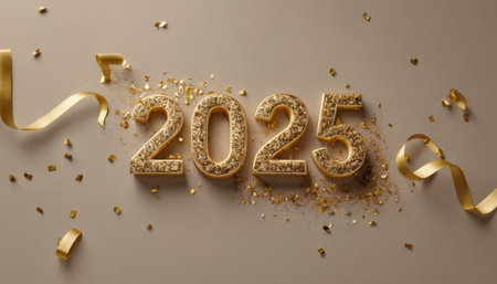 Illustration of Happy New Year 2025. Luxurious number design with gold color and sprinkled with...